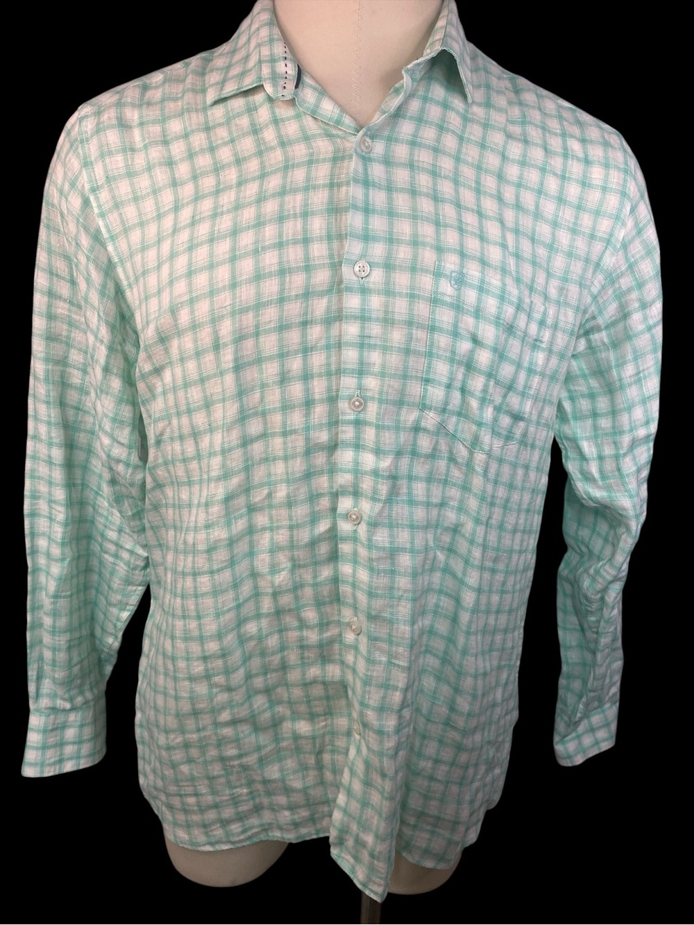 Linen Club Studio 100% Linen Mint Green Plaid Long-Sleeve BU Shirt Men’s XL